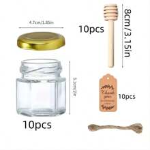 Set de 10 mini tarros de cristal hexagonales de 1.5 Oz de miel, equipados con cucharas de madera para salsa, tapa dorada, tarjeta de agradecimiento y yute, perfectos para baby showers, bodas, fiestas, regalos de boda y regalos de fiesta