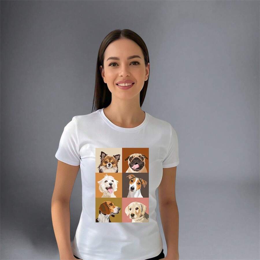 dama mujer joven juvenil moda chopis playera cuello redondo manga corta diseño perritos Fresca gym suave primavera verano jardín casual viaje - Blanco - Ver 1