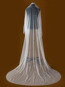 1 mạng che mặt dài đính ngọc trai giả màu trắng được trang trí dày đặc, thích hợp cho đám cưới, nhà thờ, sàn diễn thời trang, tiệc chiêu đãi và các dịp khác, phụ kiện cưới cô dâu - Màu be - Xem 3