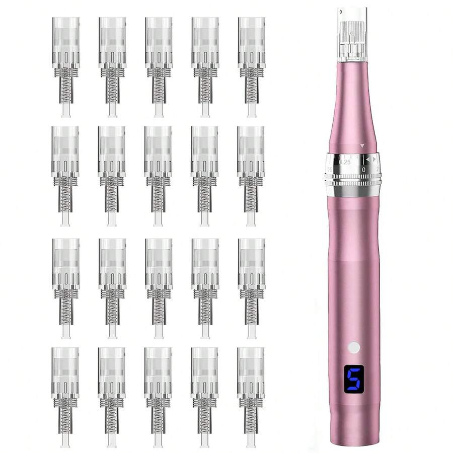 Microneedling Roller Pen  With 20 Pcs Round Nano Replacement  Microneedle Derma Roller Pen Dermabrasion Roller 0.25mm, Microneedle Roller 0.25mm For Women Men Home Use - 粉色 - 查看 1