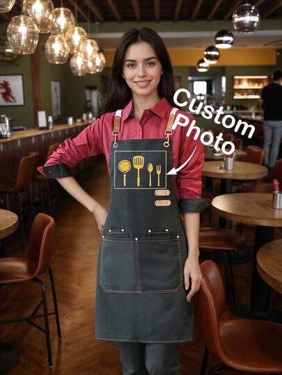 1pc Customizable Black Canvas Apron, Thick , 4 Pockets, Suitable For Cooking, Barbeque And Crafting, Polyester Material, Ideal For Holidays, Parties, Christmas, New Year And Valentine's Day - Unisex Design, Professional Cooking Apron, Adjustable