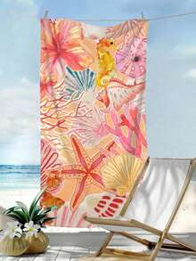 1pc Ultra-Fine Fiber Beach Towel With Ocean Elements Print, Including Shells, Conches, Corals, Starfish, Quick-Drying, Absorbent, Soft, Beach Mat, Outdoor Sports, Travel, Swimming Pool, Yoga, Fitness Towel, Vacation Essential Gift, Single-Sided Print, Beach Accessories, Pool Float - Coral Orange - View 1