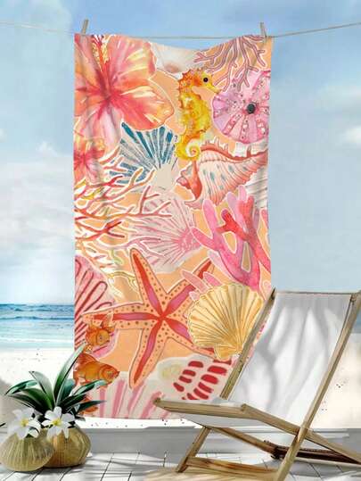 1pc Ultra-Fine Fiber Beach Towel With Ocean Elements Print, Including Shells, Conches, Corals, Starfish, Quick-Drying, Absorbent, Soft, Beach Mat, Outdoor Sports, Travel, Swimming Pool, Yoga, Fitness Towel, Vacation Essential Gift, Single-Sided Print, Beach Accessories, Pool Float