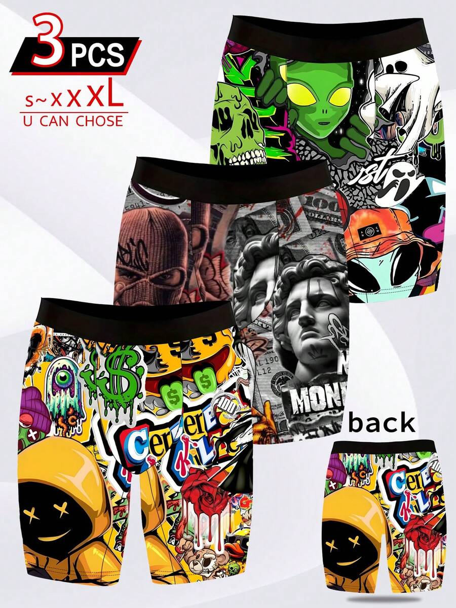 DOKER 3 pièces de boxers allongés novateurs pour hommes avec motifs imprimés personnalisés, doux et agréables à la peau, séchage rapide et respirants, tissu élastique, impression numérique positionnée. Shorts de boxe mode et décontractés, conviennent aux sports, au cyclisme à la maison, etc. - Multicolore - Voir 1