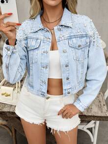 Mobula Sound 女士休闲时尚珍珠装饰短款牛仔夹克，百搭春夏装，适合音乐节、日常、返校、派对、旅行、机场 - 藍色 - 查看 5