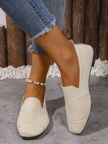 Mocasines planos de mujer tejidos, zapatos cómodos de punta cuadrada con slip-on, zapatos transpirables para mamá para primavera y otoño