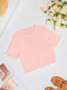 女士优雅假日/毕业针织上衣，休闲短袖奶油黄荷叶边下摆针织套头衫，夏季粉色 - 粉色 - 查看 8