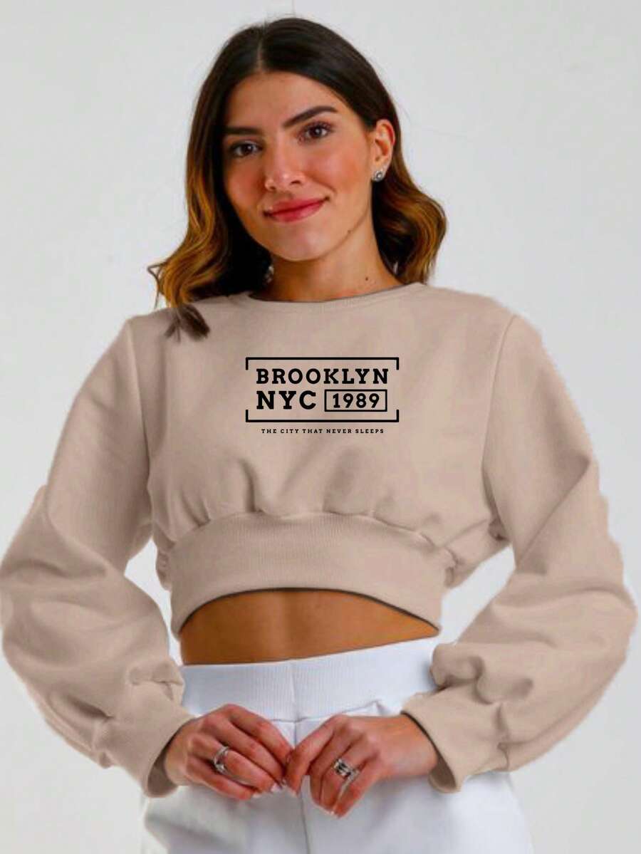 Cropped Sweatshirt Brooklyn NYC 1989 Cold Fall/Winter 100% Cotton - Beige - View 1
