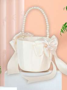 婚礼用品：白色缎带、珍珠手柄婚礼花篮、过道花童花瓣篮、结婚戒指枕头、婚礼派对餐桌装饰 - 白色 - 查看 6