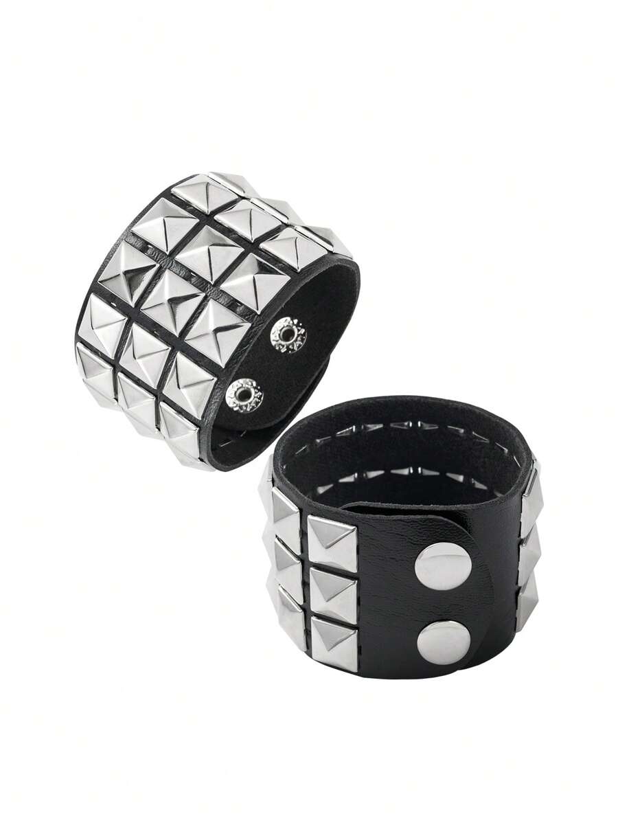 Yanxyad 1/2Pcs Studded Bracelet PU Leather Punk Bracelet For Men Women, 80s Wristband Goth Punk Rock Bracelet, Black/Silvery Punk Rock Style Three Rows Square Studs Faux Leather Bracelet Cuff Bangle Unisex Bracelets For Party Favors Bracelet & Gift