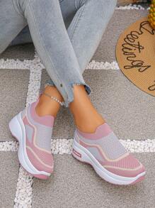 1 Pair Women Breathable Mesh Platform Wedge Sneakers With Non-Slip Sole, Comfortable Slip-On Casual Shoes