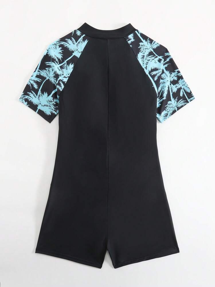 女式连体竞速泳衣，带拉链，高弹力尼龙面料，拼色印花短袖，圆领，可拆卸胸罩，运动风格，适合游泳比赛和训练 - 黑色 - 查看 9