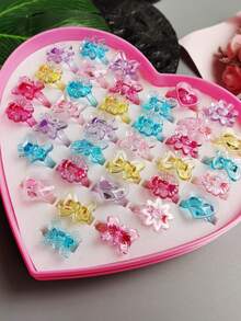 (Sin caja) Set de 10 anillos de dedo de resina con flores de caramelo, anillos de plástico rosa para niñas, regalos para fiestas, cumpleaños y joyería aleatoria para niñas - A - Ver 4