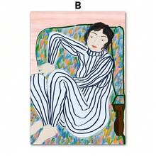 抽象人物线条条纹女孩彩色墙面艺术帆布画海报和印刷品酒店酒吧图片适用于客厅装饰可选框架 - 彩色 - 查看 35