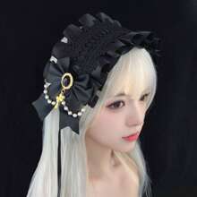 1 szt. opaska do włosów w stylu Lolita – zdobiona kokardką z krzyżykiem i koronką, regulowana opaska do włosów w stylu anime cosplay dla kobiet, vintage'owy gotycki leśny strój pokojówki Kawaii (czarny/różowy), uroczy dodatek do włosów na Halloween