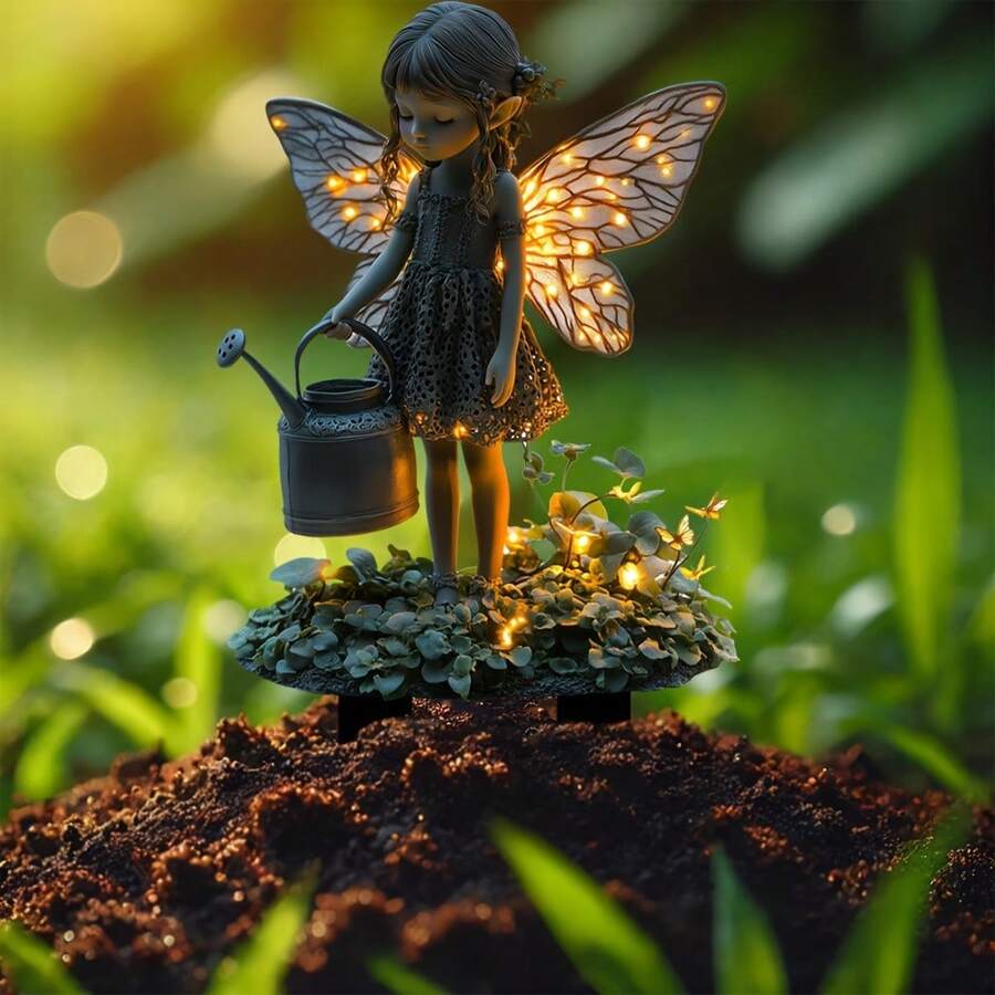 2D flache mystische Garten Elfen Dekoration Gießkanne Pflanze, Acryl, Vintage Stil, ohne Batterie, bodenstehende Außen-Gartendekoration mit üppigem Grün & Elfenlicht, perfekt als Geschenk zu Thanksgiving und Feiertagen, Gartendekoration | Vintage Elfen Design | detaillierte Handwerkskunst, Gartendekoration