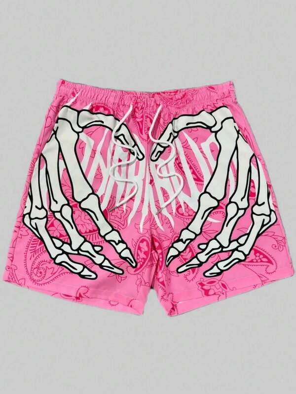 Men's Fashionable Hawaiian Pattern Drawstring Waist Shorts With Skull Print, Suitable For Beach, Pool And Vacation