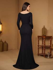 SUPGIR Women's V-Neck Long Sleeve Sequin Embroidery Slim-Fitting Butt-Hugging Mermaid Hem Knit Burlap Elegant Evening Dress - màu đen - Xem 3