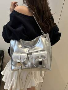 Vintage High-End Oil-Waxed Leather Tote Bag, Chic&Versatile, Large Capacity Casual Shoulder & Crossbody Bag For Women - Silver - View 5