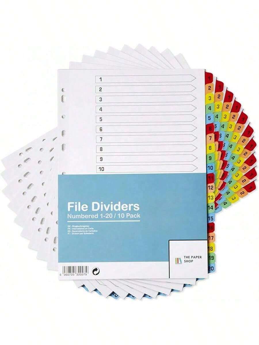 [10 Pack] Binder Dividers With Tabs A4| 1-20 Numbered Tab Dividers For 3 Ring Binder| Durable 3 Ring Binder Dividers With Tabs For Office, School & Home - 10 - View 1