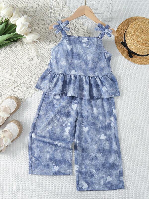 Two Pieces Set/Young Girls Tank Top Collaboration Girl Two Pieces Girl Suspender Pants Summer Fresh Girl With Straight Leg Pants Suitable For Young Girls Relaxing At Home
