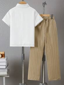 2pcs/Set Tweens & Teenage Boys Casual Daily School Outdoor Fashion Solid Color Textured Short Sleeve Shirt And Straight Leg Textured Pants