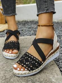 Sandalias de plataforma con cuña para mujer para el verano, de estilo versátil y casual con un diseño de correa de paja tejida con encaje de 2025, de gran tamaño, con estampado floral, elásticas y transpirables