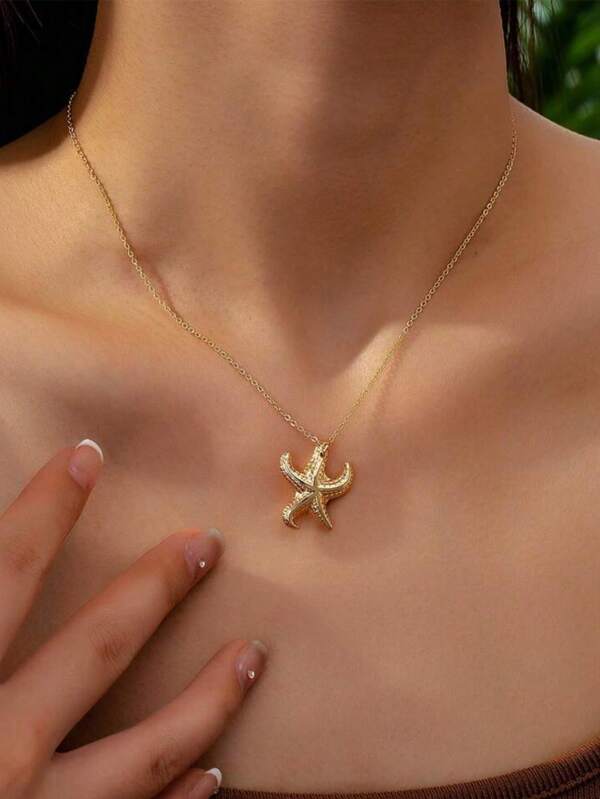 1 pieza Collar con colgante de estrella de mar dorado de moda, estilo playa y vacaciones, adecuado para fiestas y reuniones