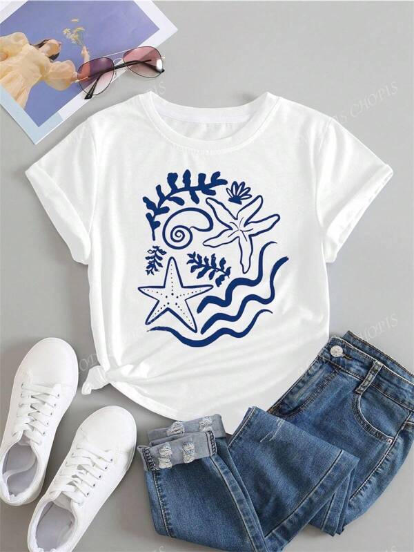 PLAYERA MUJER DAMA JOVEN JUVENIL CUELLO REDONDO MANGA CORTA DISEÑO CONCHITAS DE MAR CORTADA FRESCA COMODA MODA CHOPIS Casual Poliester Casa Jardin Viaje Suave Primavera Verano Ajustado