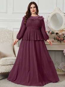 SUPGIR Round Neck Long Sleeve Gathered Front High-Low Hem Hazy Blue Party Dress With 2 In 1 Design - Red Violet - View 1