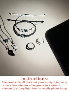 ATLVXJL 6件套夜光极简双心项链、手链、戒指首饰套装，休闲情侣配饰，适合日常佩戴和情人节礼物 - 彩色 - 查看 8