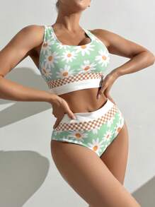 2pcs Casual Sunflower & Daisy Floral Pattern Swimwear, Summer Beach Vacation