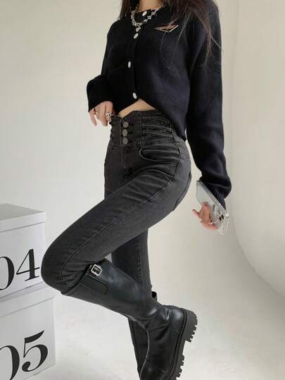 YEAE | 纯色紧身高腰牛仔裤，春夏