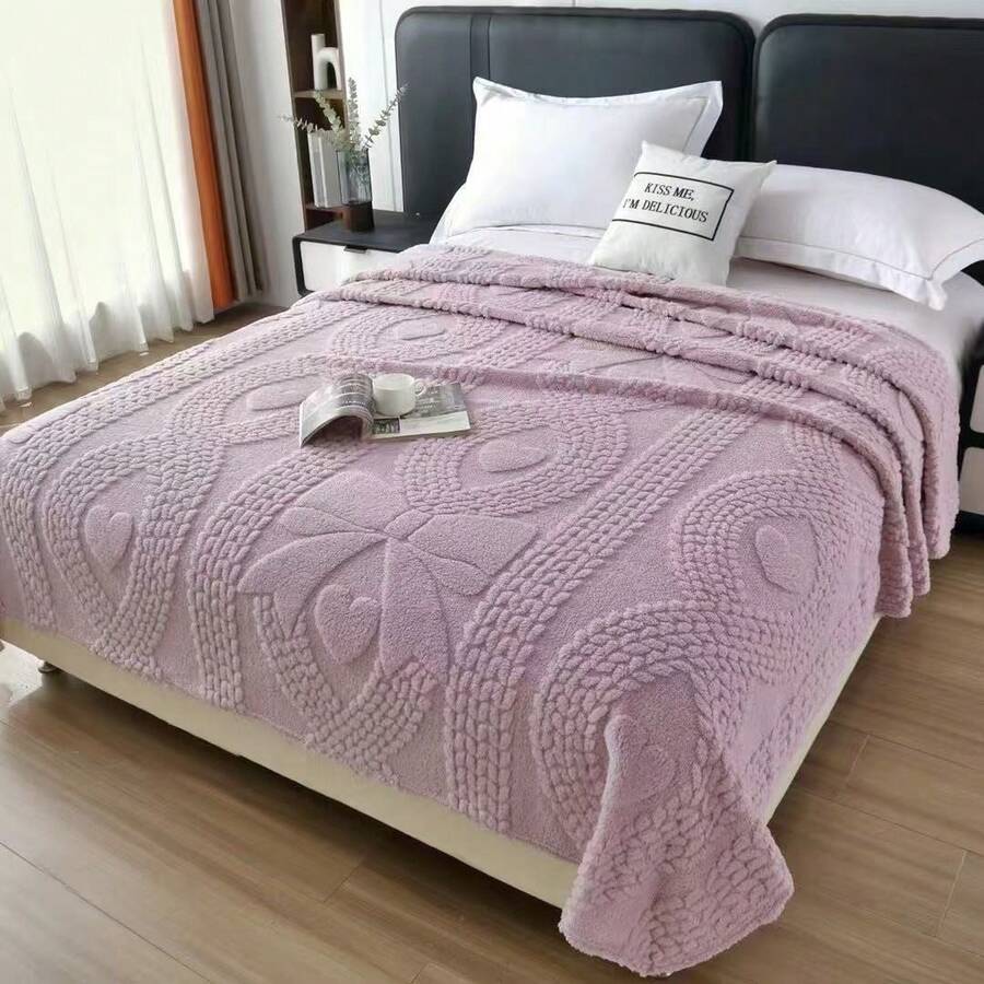 1 件心形蝴蝶结图案超柔软塔夫绸毛绒盖毯 - 轻盈、蓬松、舒适，适合沙发或床，白色，四季舒适，非常适合依偎或休息，床上用毯子 - 淡紫色 - 查看 1