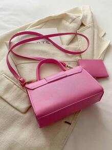 مجموعة من 2 حقيبة بمقبض علوي باللون الوردي، حقيبة كتف من جلد البولي يوريثان، حقيبة يد أنيقة للنساء مع محفظة نقود
