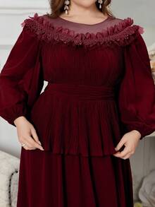 SUPGIR Vestido de manga larga con escote en V y frente recogido con efecto envolvente en tono azul grisáceo, estilo campesino - Burdeos - Ver 6