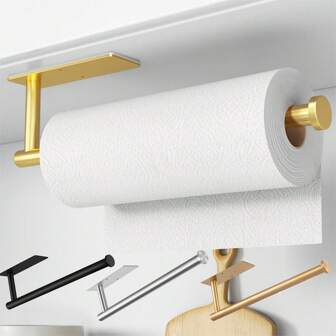1 pieza Portarrollos de papel de cocina - Autoadhesivo o perforado para papel higiénico, acabado en níquel cepillado, montado en pared, para estante de almacenamiento de baño/cocina, toallero, soporte para film transparente, portarrollos adhesivo de papel de cocina, distribuidor de rollo de cocina de acero inoxidable SUS304, incluye kit de instalación sencilla con cinta fuerte y tornillos (Negro/Plateado/Dorado)