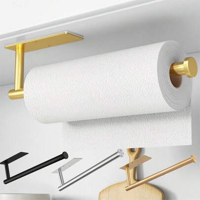 1pc Kitchen Paper Towel Holder - Self-Adhesive Or Drill-Free Stainless Steel Tissue Roll Dispenser, Wall-Mounted For Bathroom/Kitchen Storage Rack, Towel Rack, Cling Film Rack, Sticky Paper Towel Roll Dispenser, SUS304 Stainless Steel Kitchen Paper Towel Dispenser, Easy Installation Kit Includes Adhesive Tape And Screws (Black/Silver/Gold)