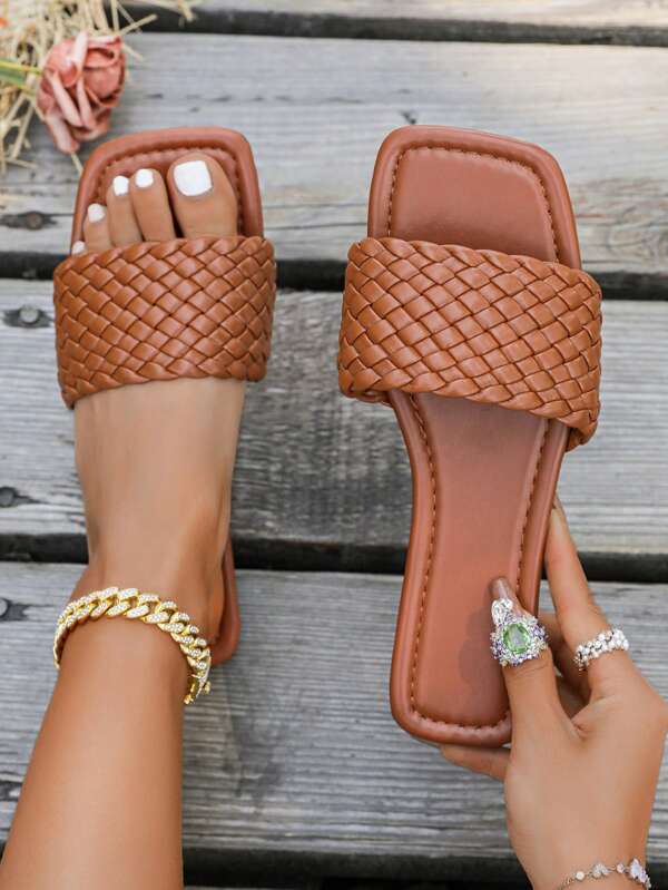 Women's New Summer Flat Open Toe Woven Sandals, Simple Design, Fashion Versatile, Lightweight Soft Bottom, Comfortable For Holiday, Beach, Casual Slip-On