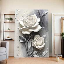 1 pezzo Elegante opera d'arte su tela con rosa bianca, pittura su tela, decorazione per la casa, decorazione per stanza, opera d'arte da parete, con opzione di cornice