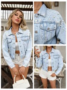 Mobula Sound 女士休闲时尚珍珠装饰短款牛仔夹克，百搭春夏装，适合音乐节、日常、返校、派对、旅行、机场 - 藍色 - 查看 3