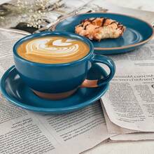 Mora Ceramic Latte Art Mug With Saucer - 10.5 Oz, Round Bottom Pours - Cafe Cups Cappuccino, Espresso, Coffee, Tea Etc - Porcelain Set Baristas, Great - Chai Latte - 藍色 - 查看 3