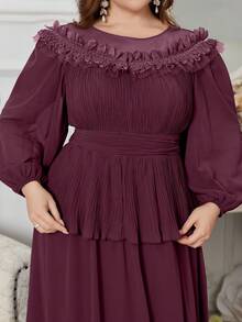 SUPGIR Round Neck Long Sleeve Gathered Front High-Low Hem Hazy Blue Party Dress With 2 In 1 Design - Red Violet - View 5