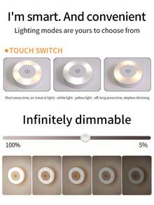 1/2/4 Stücke Bewegungsmelder Leuchte, berührbare Smart Sensor LED Nachtlicht mit warmem und kühlem weißem Softlicht, 3-Farben dimmbar, geeignet für Kinderzimmer, Flur, Schlafzimmer, Treppe, Badezimmer, Wohnzimmer, Schrank, kompaktes Design, einfache Installation, USB aufladbar, Innenbeleuchtung, runder Sensor Nachttischlampe, überall innen & außen verwendbar