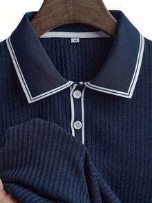 European & American Style Men's Summer Casual Color Block Polo Shirt With Turndown Collar & Buttons - Navy Blue - View 6