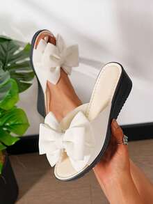 女士优雅纯色蝴蝶结圆头节日婚礼派对学校度假夏季坡跟凉鞋