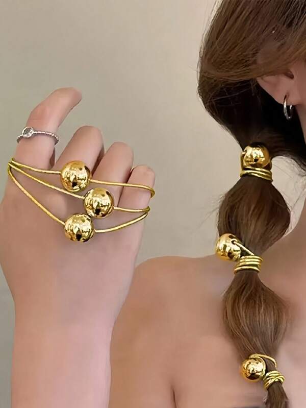 6pcs Fashionable Metallic Gold & Silver Ball Hair Ties, High-Quality Scrunchies Elastic Hair Ties For Buns, Hair Accessories, Ponytail Holders, Hair Elastics, Hair Rope, Home Beauty Women Accessory Gifts ,Gym Sport Outfit