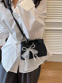 1 件时尚女士手提包、单肩包、斜挎包、邮差包、迷你钱包，尺寸：（7.9 英寸 * 5.1 英寸 * 3.5 英寸），PU 材质防刮耐磨，适合购物、约会、派对、工作通勤，可调节肩带，优雅简约休闲时尚黑色 - 黑色 - 查看 3