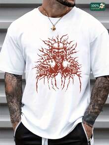 "Unisex 100% Cotton Round Neck Short - Sleeve T - Shirt - Intense Skull Graphic For Summer Men's Tops" - White - View 1