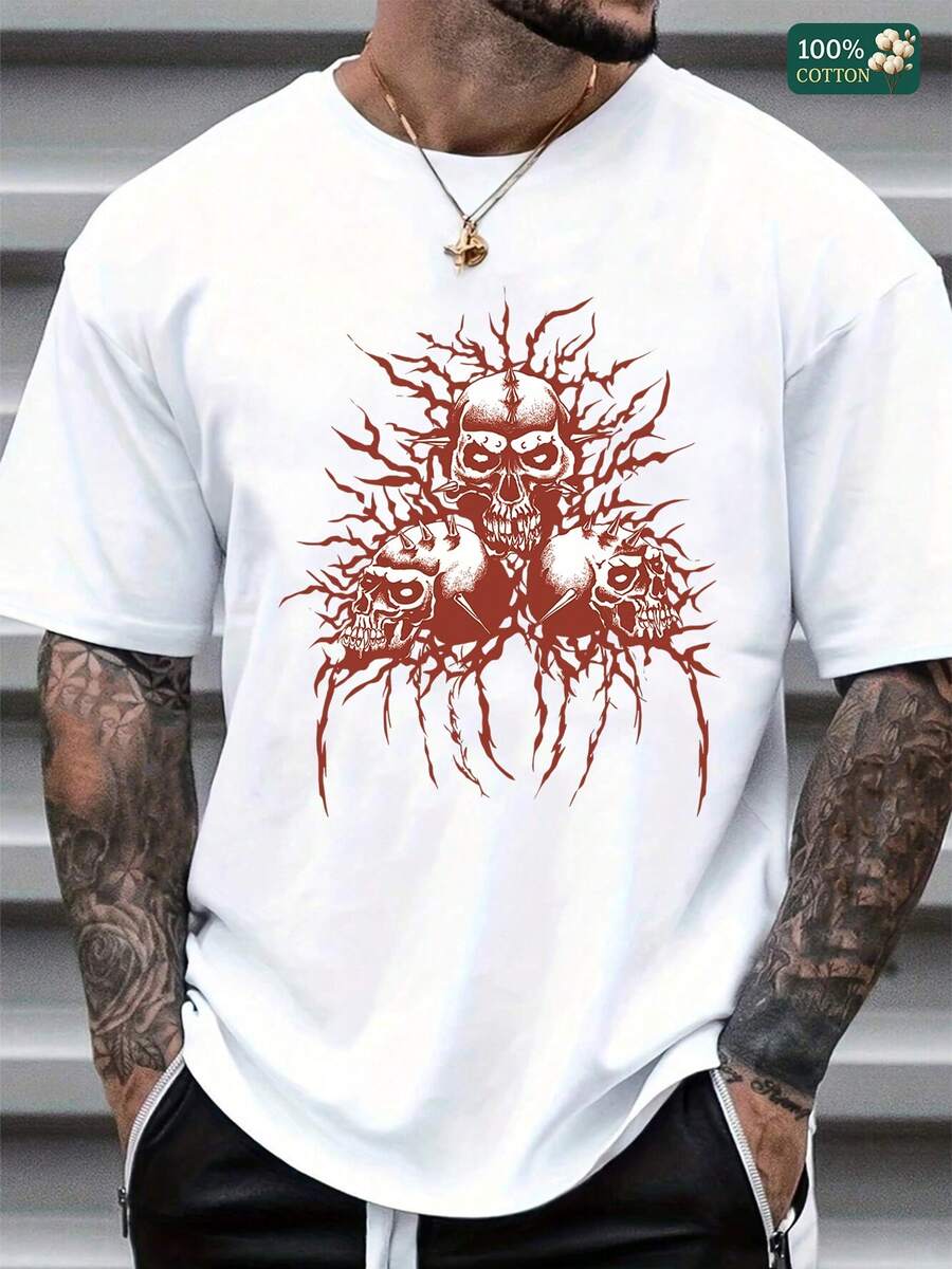 "Unisex 100% Cotton Round Neck Short - Sleeve T - Shirt - Intense Skull Graphic For Summer Men's Tops" - White - View 1